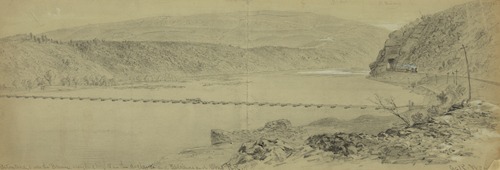 Pontoon Bridge over the Potomac. Maryland heights in the distance and Baltimore and Ohio R.R.