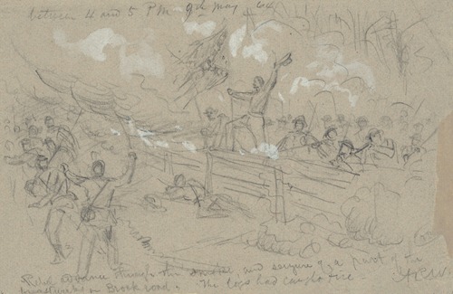 Rebel advance through the smoke, and seizure of a part of the breastworks on Brock road. The logs had caught fire