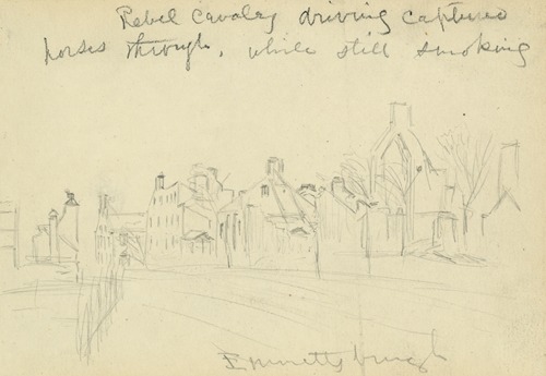 Rebel cavalry driving captured horses through, while still smoking Emmettsburgh