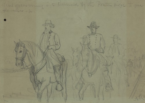 Rebel officers coming into Richmond by the ponton bridge to give themselves up