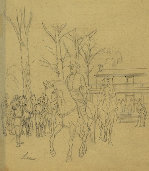 Robert E. Lee leaving the McLean House following his surrender to Ulysses S. Grant