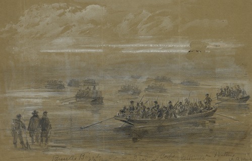 Russells Brigade, 1st div. 6th Army Corps, crossing in Pontoons to storm the enemies rifle pits on the Rappahannock