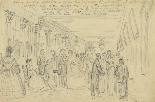Scene in the corridor, outside the Japanese apartments at Willards showing one of the princes the use of the microscope and stereoscope