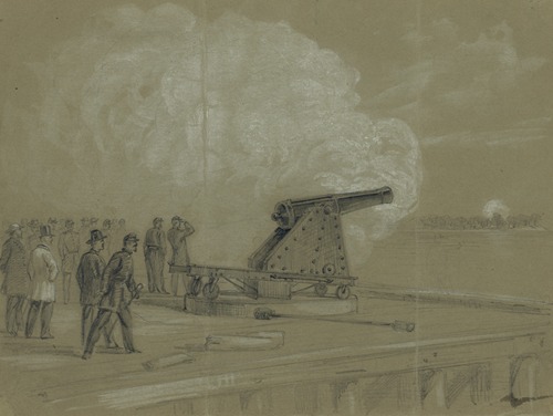 Scene on the dock at the Rip Raps. Testing the Sawyer gun and projectile, a shell bursting on the rebel batteries at Sewells Point