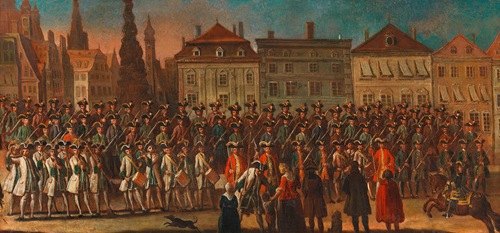Parade des Wiener Bürgermilitärs auf dem Graben am 27. Oktober 1745 anlässlich der Rückkehr Kaiser Franz’ I. und Maria Theresias von der Kaiserkrönung in Frankfurt