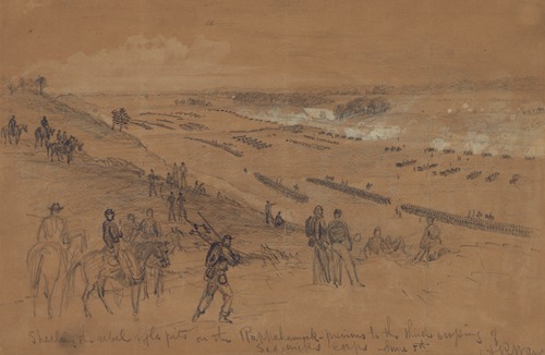Shelling the rebel rifle pits on the Rappahannock–previous to the third crossing of Sedgwicks corps June 5th