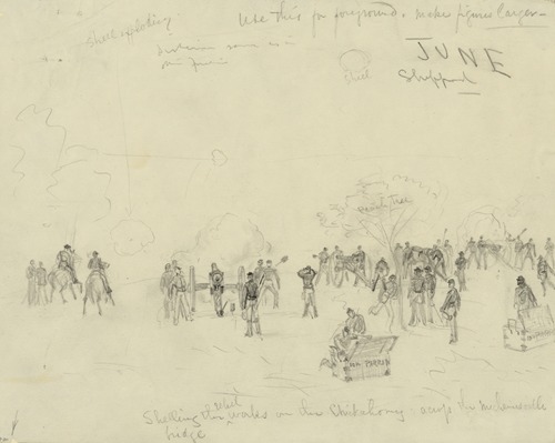 Shelling the rebel works on the Chickahomy [sic] across the Mechanicsville bridge