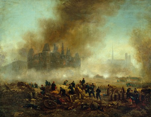 L’Hôtel de Ville incendié, assailli par les troupes de Versailles