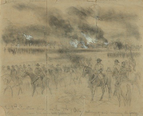 The 3rd Custer div. on the 7th of Octr. retiring and burning the forage Etc. Somewhere near Mt. Jackson