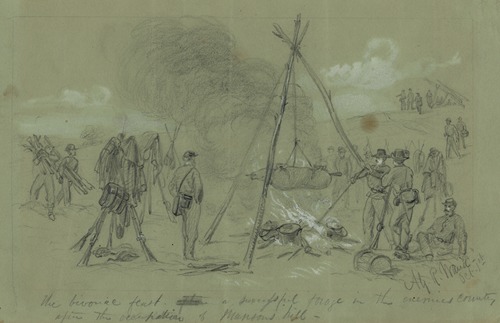 The bivouac feast after a successful forage in the enemies country after the occupation of Munson’s hill