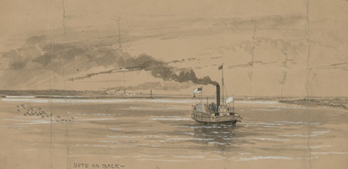 The place of exchange in the Savannah river looking toward the city, the rebel boat Beauregard coming down to meet the flag of truce