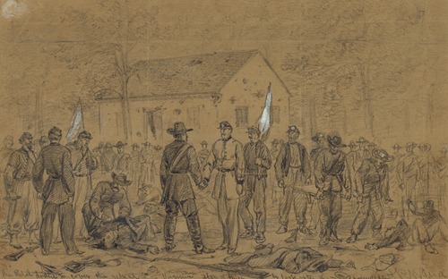 The rebel dodge to cover the retreat into Virginia. Flag of truce to look after the wounded