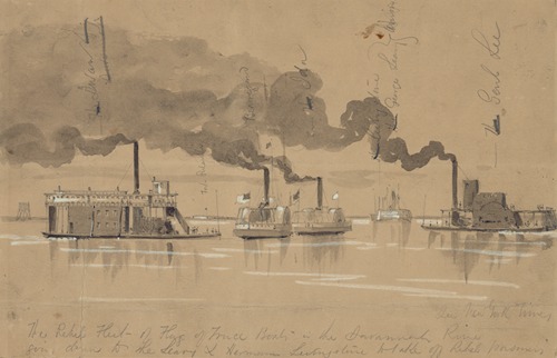 The rebel fleet of flag of truce boats in the Savannah River going down to the Leary & Hermann Livingstone to take off rebel prisoners