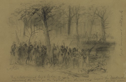 The rebels covered by a ledge of rock repulsing the troops on the right- in the woods beyond the Duncker ch. Antietam