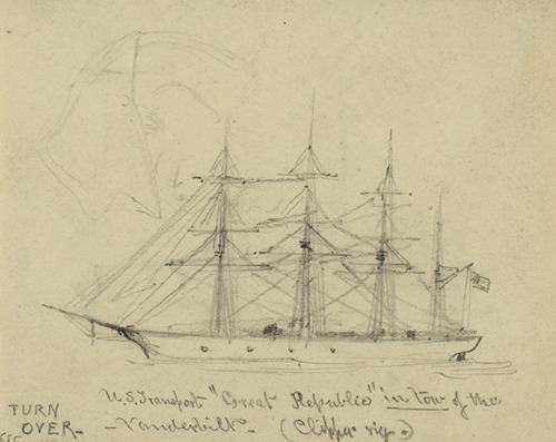 U.S. Transport ‘Great Republic’ in tow of the Vanderbilt (Clipper rig)