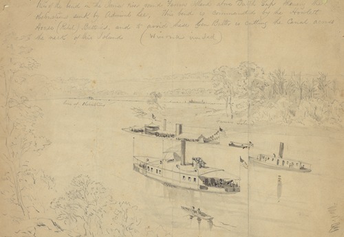 View of the bend in the James river round Farrars Island above Dutch Gap showing the obstructions sunk by Admiral Lee
