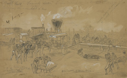 Bringing wounded soldiers to the cars after the battle of Seven Pines