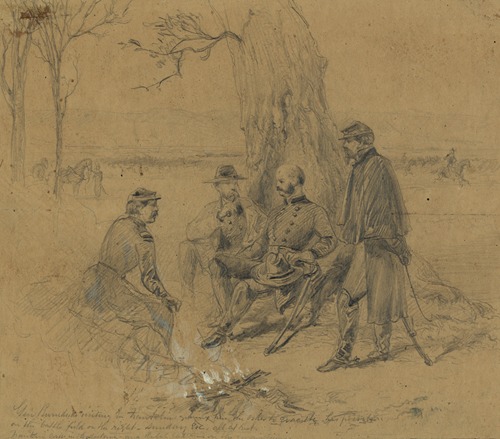 Gen. Burndside visiting Gn. Franklin giving him the order to evacuate his position-on the battlefield on the right, Sunday Eve., all at rest.
