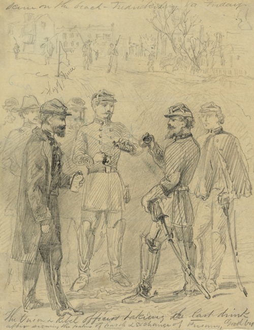 The Union & rebel officers taking the last drink after signing the papers of parole & exchange of prisoners, goodbye