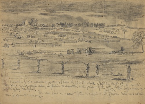 Execution of five deserters from the 118th Pennsylvania Volunteers, 1st Division, 5th Corps, before the entire 5th Corps, Beverly Ford, Va.