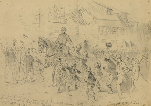 Genl. Geo. B. McClellan passing through Frederick City Myd. at the head of the Army of the Potomac. Pursuit of Genl. Lee