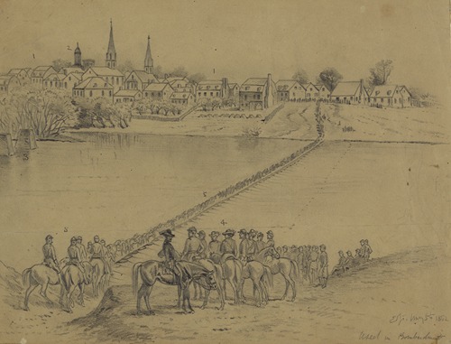 Occupation of Fredericksburg. General McDowell’s corps crossing the Rappahannock River on pontoon bridge…