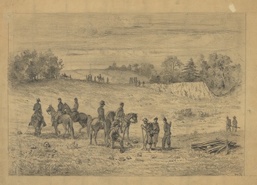 Officers and soldiers on the battlefield of the second Bull Run, recognizing the remains of their comrades