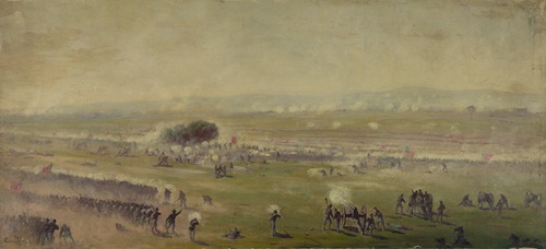 Picketts charge from a position on the enemys line looking toward the Union lines, Zieglers grove on the left, clump of trees on right