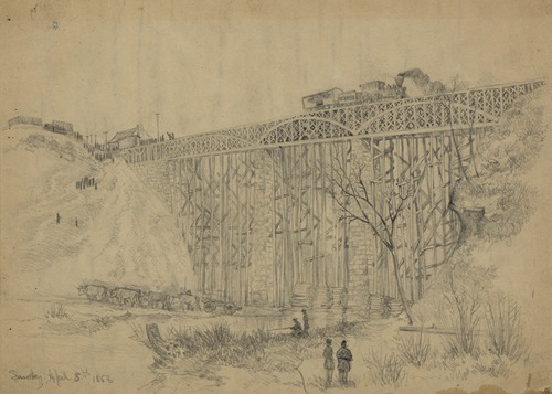 Railroad train containing President Lincoln crossing Potomac Creek bridge on his way to review the Army of the Potomac