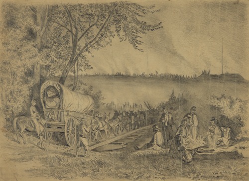 The Army of the Potomac crossing the Rappahannock River on a pontoon bridge at night, near Rappahannock Station
