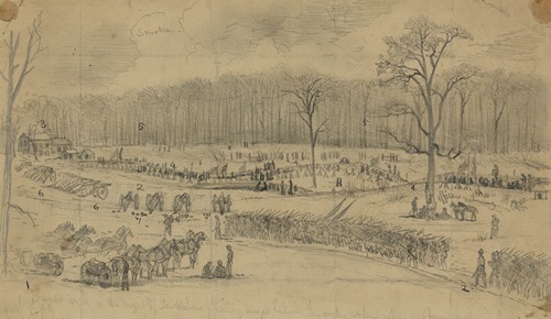 The battle of Chancellorsville. Scene at junction of U.S. ford road, and road to Rapidan River