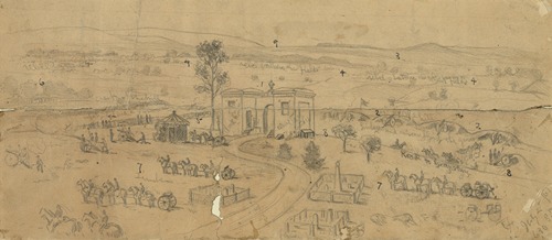 The battle of Gettysburg. The gateway of the cemetery, the center of the Union position, First and Eleventh Corps