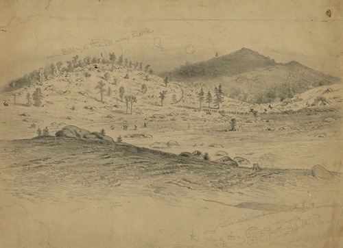 The battle of Gettysburg. View of Little Round Top and the Devil’s Den, held by the Fifth Corps