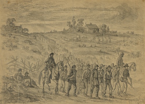 The battle of Gettysburg–Prisoners belonging to Gen. Longstreet’s Corps captured by Union troops, marching to the rear under guard