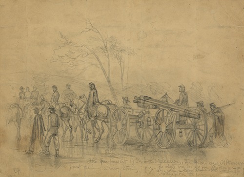 The pursuit of Gen. Lee’s rebel army. The heavy guns – 30 pounders – going to the front during a rain storm