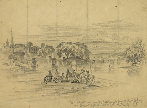 Wounded soldiers crossing the Rappahannock River at Fredericksburg on a flatboat–After the battle of the Wilderness