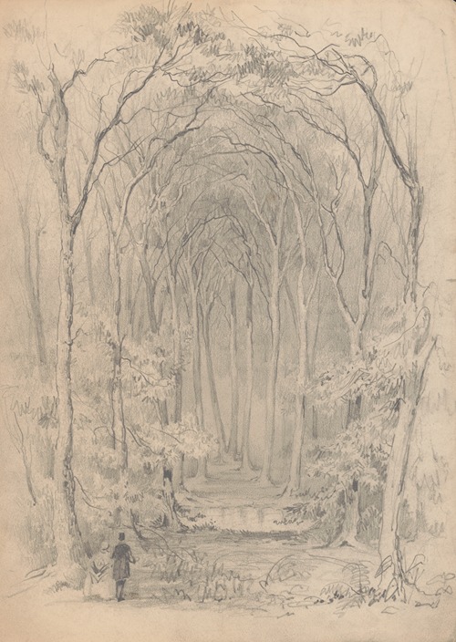 A man and a woman standing at the entrance to a trail through a forest