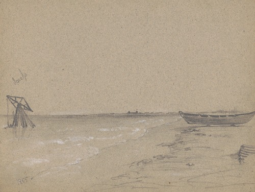 A rowboat sitting on logs on the shore of a river or bay with a derrick-like drilling or pumping device just offshore