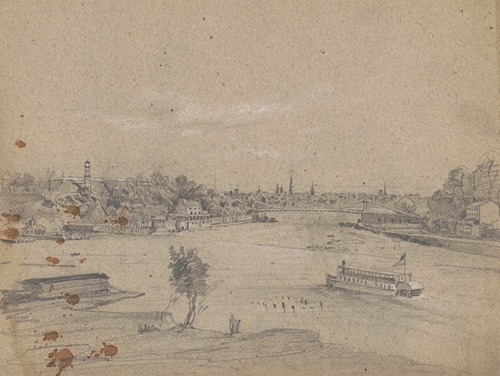 Bird’s-eye view of the Fairmount Water Works from above the Schuylkill River