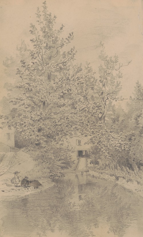 Boy fishing beside a stream while a girl watches over his shoulder