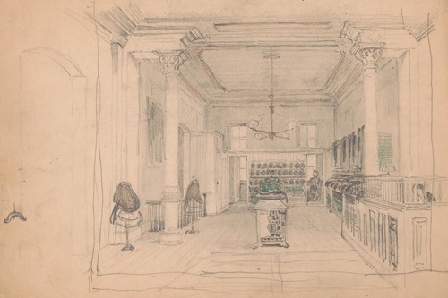 Interior of clothier, with rolls of fabric, dummies, and two men