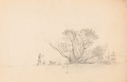 Man playing fetch with a dog near a cluster of trees, ship rigging under full sail visible on the right