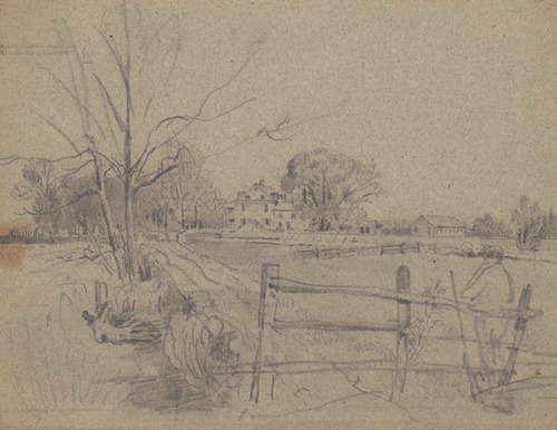 Man with rifle leaning against fence near house with outbuildings