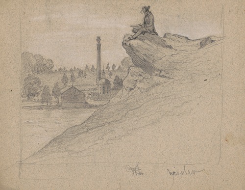 Man, sketching on rock, perhaps Queen, monument and circular building beyond