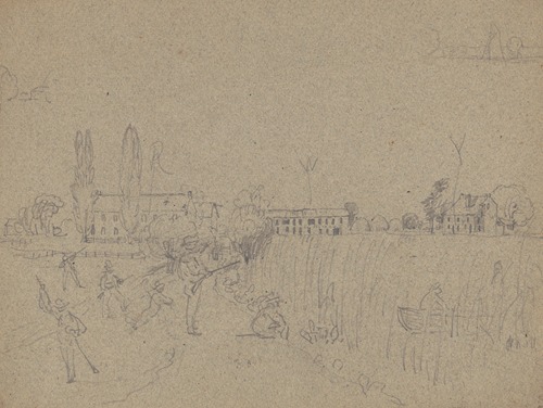 Men with rifles, possibly a duck hunting party, on the embankment of a river with marsh grasses along the shore