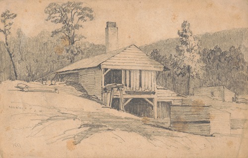 Mine building or sawmill among rolling hills, probably in Pennsylvania