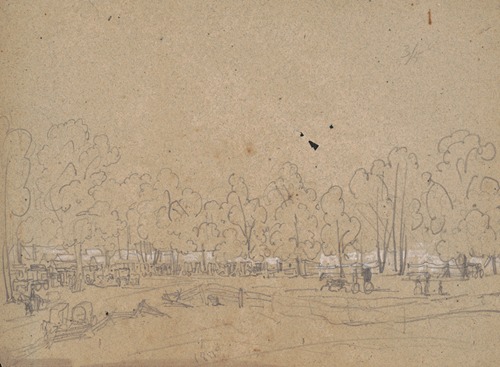 Rough sketch of a gathering in the woods with carts and wagons and many cabins or tents beneath the trees