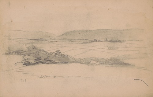 Rough sketch of landscape with hills, fields, trees, and the roof of a house