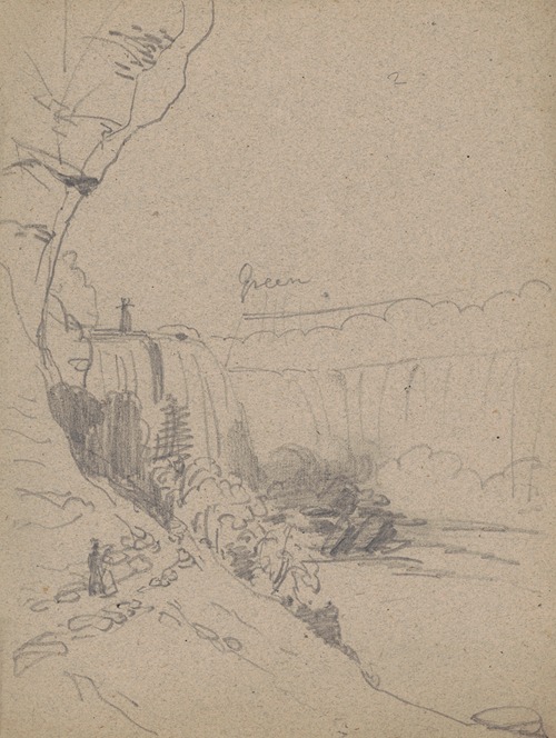 Sketch of Niagara Falls, with a man and a woman walking on a footpath on lower left