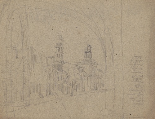 Sketch of Philadelphia street with list of games and amusements in right margin